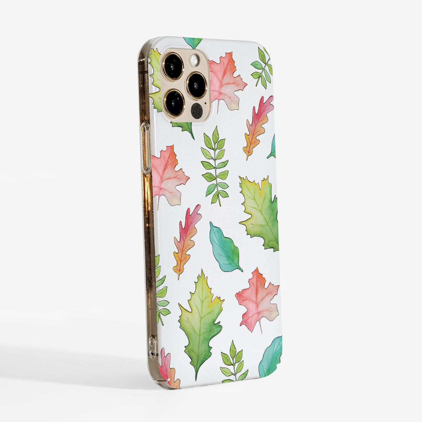 Side view showing matte-finish fall leaves phone case with clear edges and slim protection.
