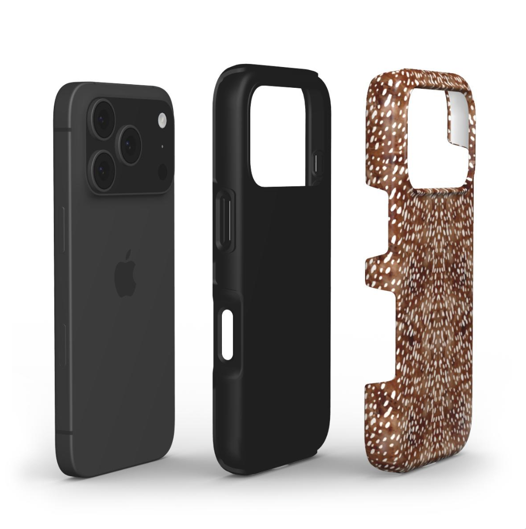 The Deer print phone case has two layers - soft inslide liner and hard shell cover with lossy fawn pattern design.