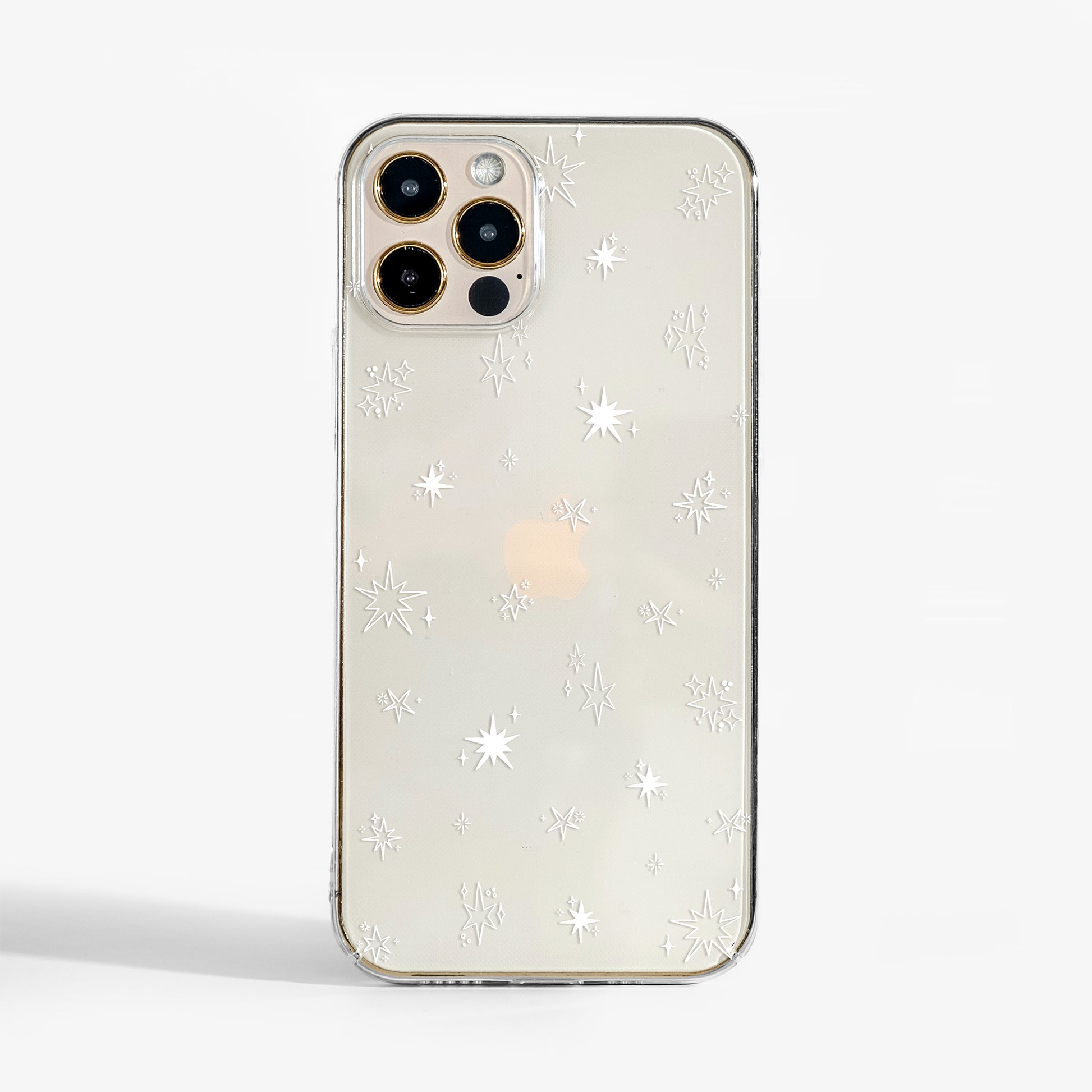 Festive Stars clear phone case featuring delicate star artwork in scratch-resistant print, shown from the front for a clean, minimal look.