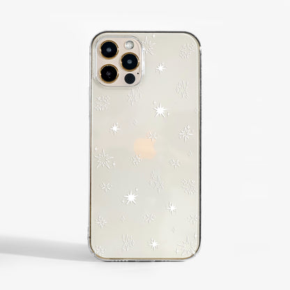 Festive Stars clear phone case featuring delicate star artwork in scratch-resistant print, shown from the front for a clean, minimal look.