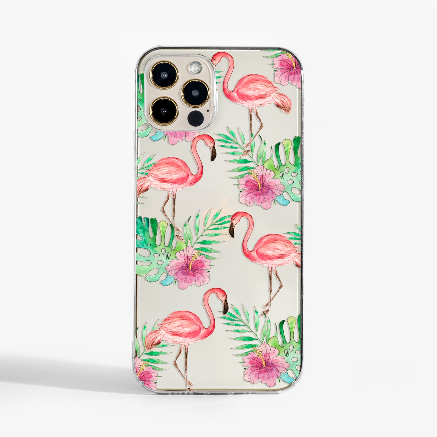 Clear flamingo phone case with pink tropical art design. A stylish, durable phone case for iPhone, Samsung, and Google Pixel.