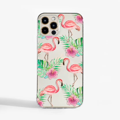 Clear flamingo phone case with pink tropical art design. A stylish, durable phone case for iPhone, Samsung, and Google Pixel.
