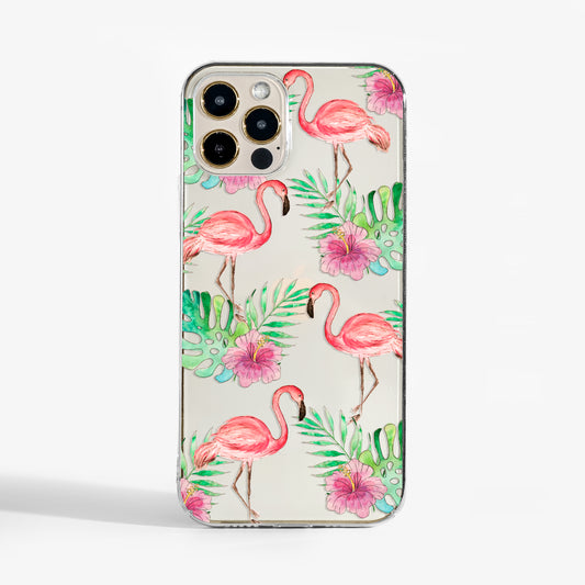 Clear flamingo phone case with pink tropical art design. A stylish, durable phone case for iPhone, Samsung, and Google Pixel.