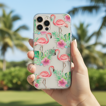 Phone case with flamingo design held by a hand outdoors