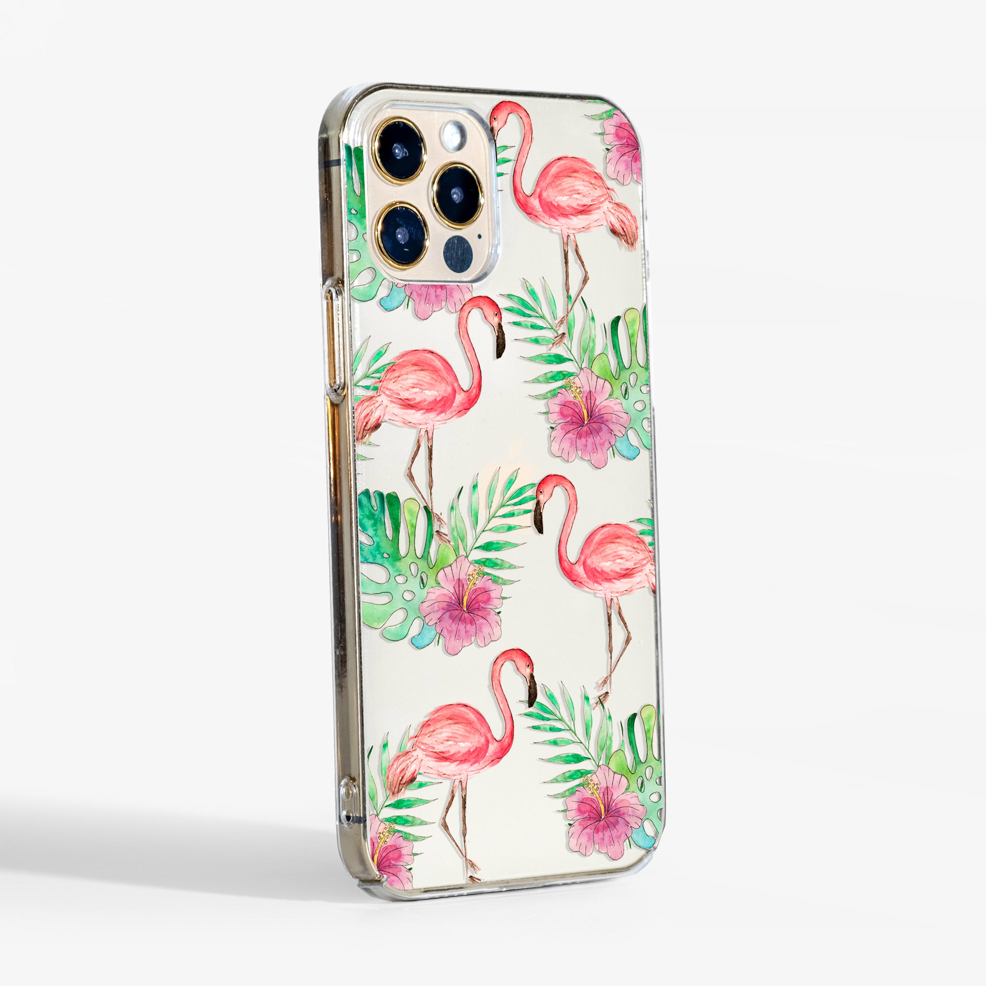 Side view of flamingo clear phone case showing  clear edges and slim-fit protection.