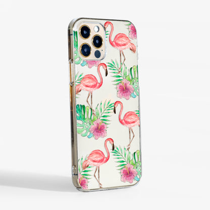 Side view of flamingo clear phone case showing  clear edges and slim-fit protection.
