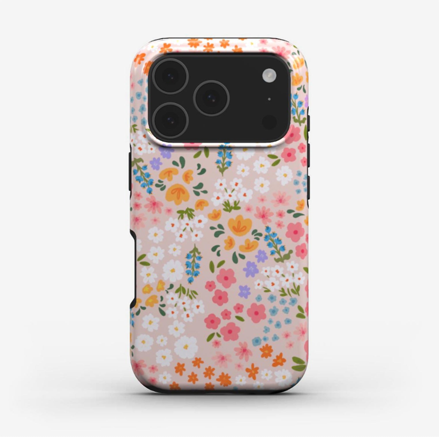 Pretty Pink Flowers phone case featuring small colourful blooms on a soft pink background with glossy finish. A cute, floral protective iPhone, Google and Samsung case.