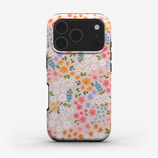 Pretty Pink Flowers phone case featuring small colourful blooms on a soft pink background with glossy finish. A cute, floral protective iPhone, Google and Samsung case.