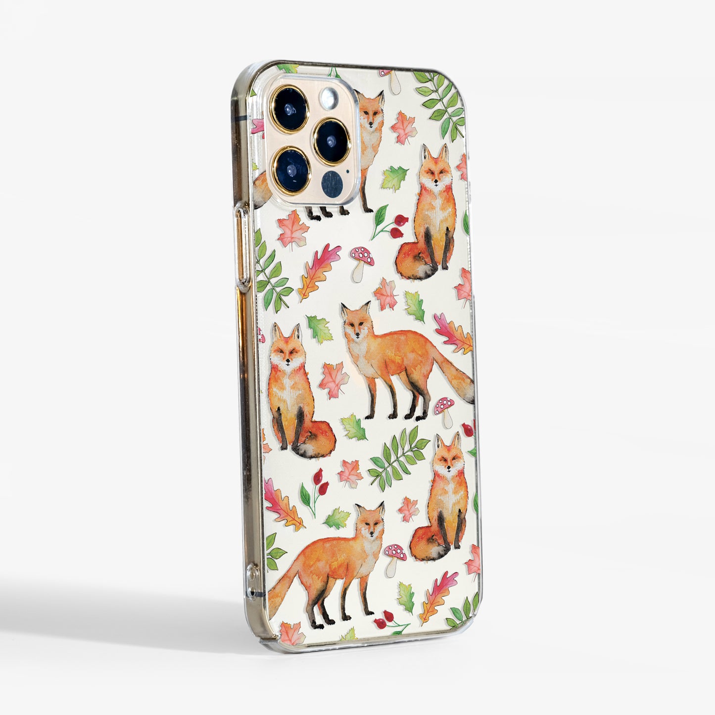 Side view showing foxes clear phone case with transparent sides and slim design.