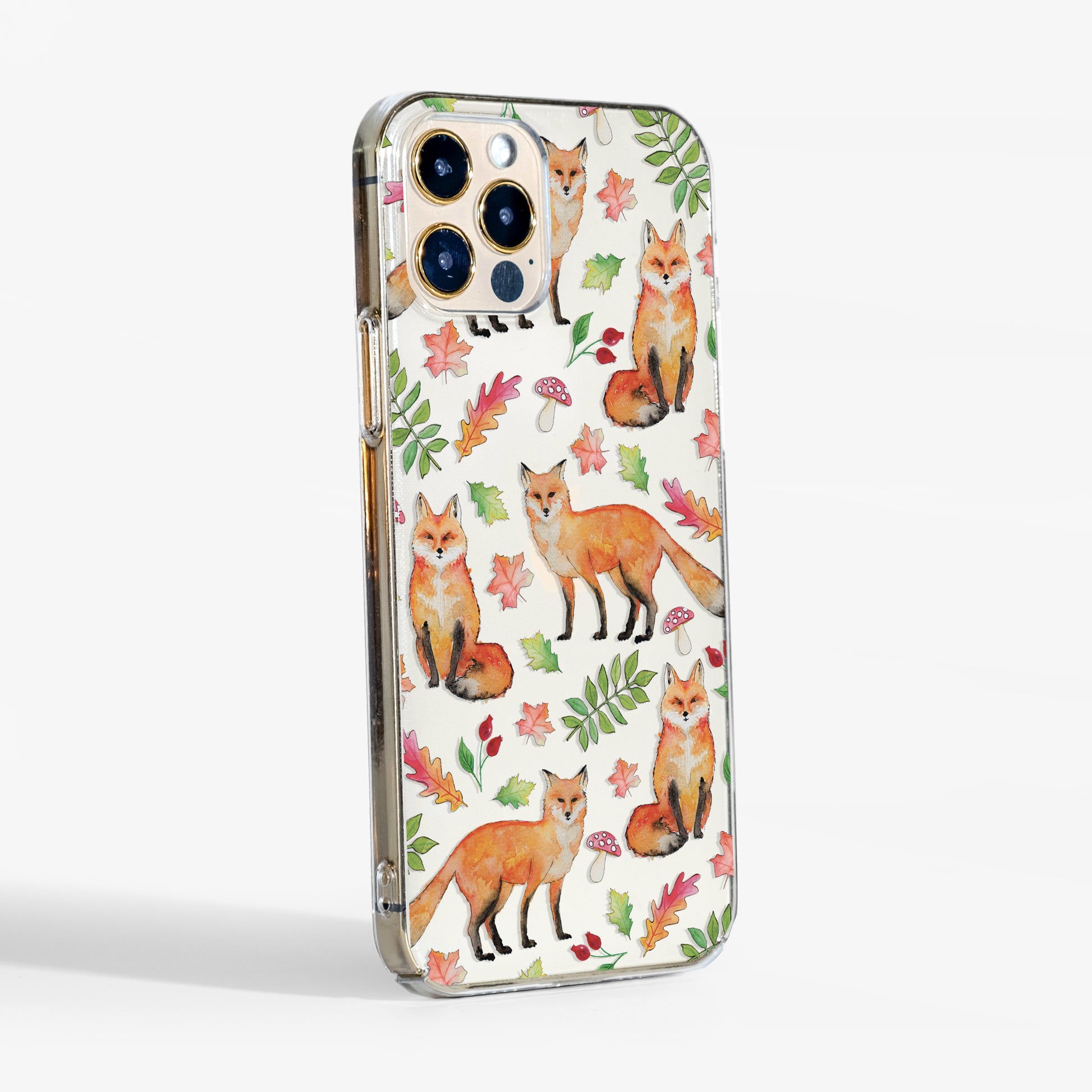 Side view showing foxes clear phone case with transparent sides and slim design.