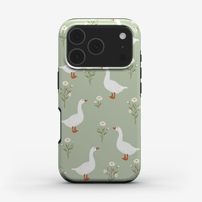 Goose phone case with playful watercolour goose design on a soft green background. Protective phone case for iPhone and Samsung.