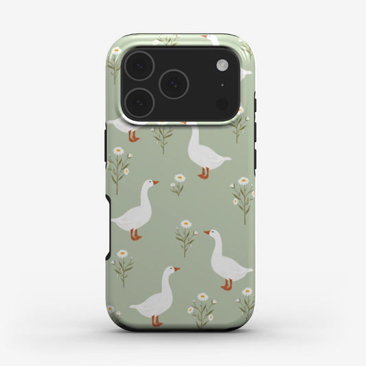 Goose phone case with playful watercolour goose design on a soft green background. Protective phone case for iPhone and Samsung.