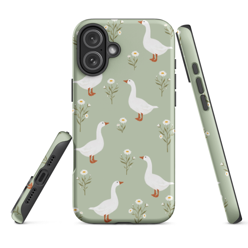 iPhone16e Geese Tough Case with glossy wrap around print and dual- layer protection — a bold, art-inspired design that keeps your phone safe in style.