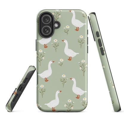 iPhone16e Geese Tough Case with glossy wrap around print and dual- layer protection — a bold, art-inspired design that keeps your phone safe in style.