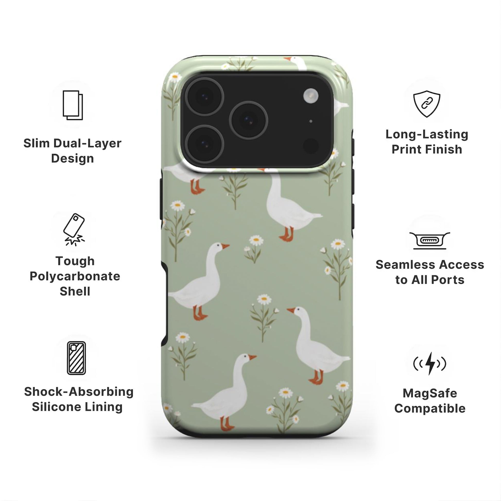 Goose Tough Phone Case showing features like dual layer protection, long-lasting print and easy access to all ports 