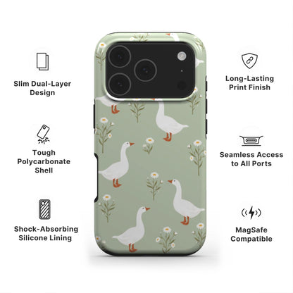 Goose Tough Phone Case showing features like dual layer protection, long-lasting print and easy access to all ports 