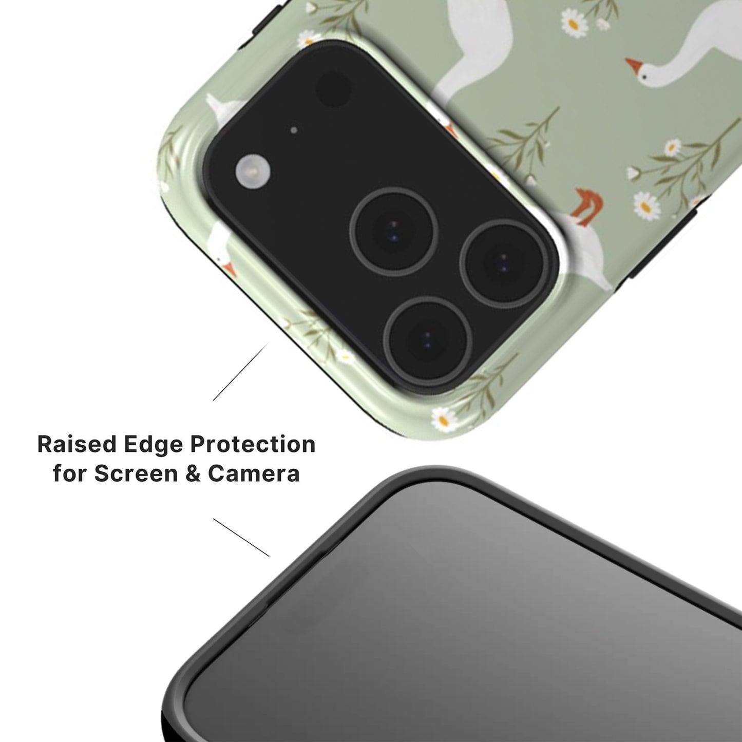 Goose Phone Case showing raised camera and screen edges with black rim 