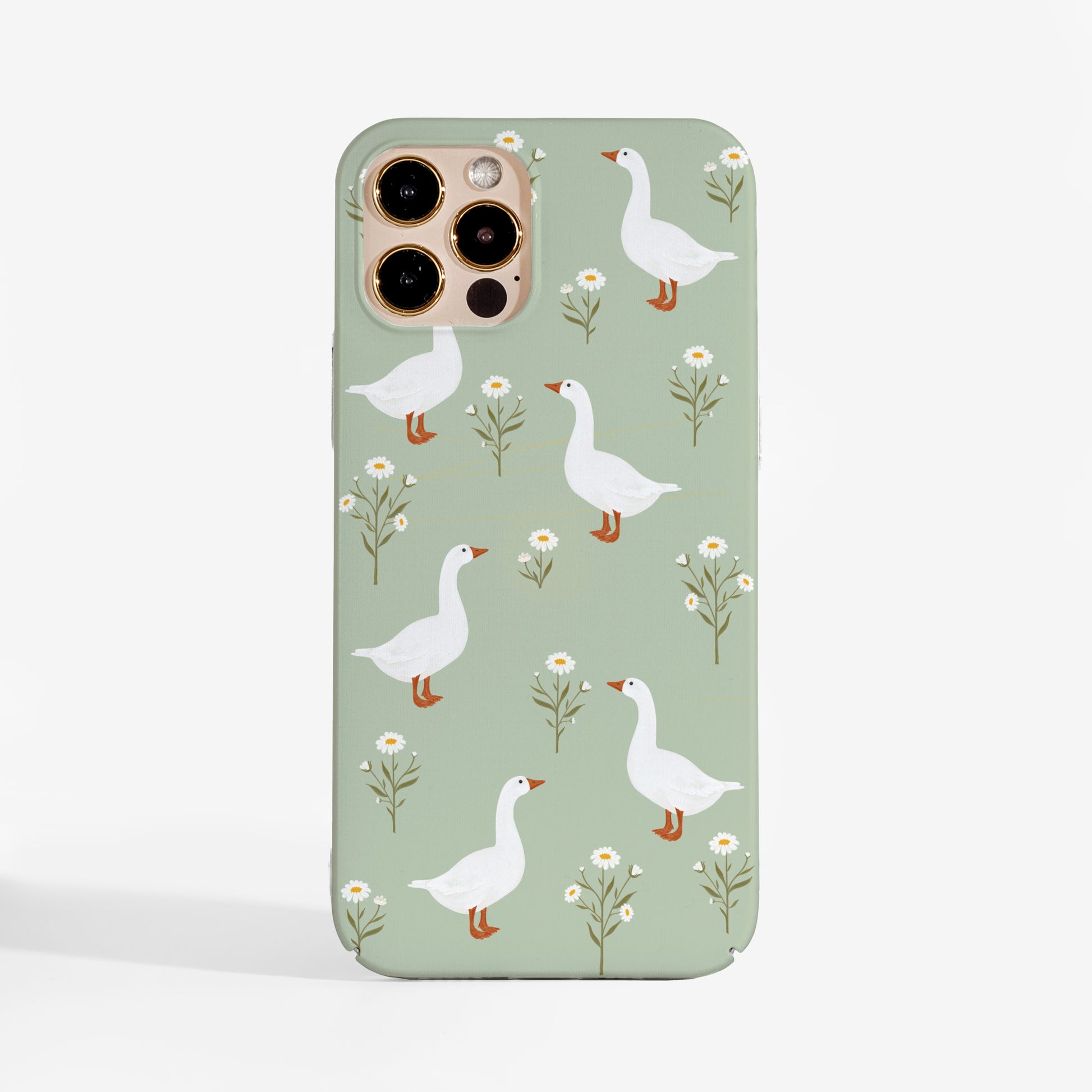 Phone case with goose and flower pattern on a green background — lightweight protection that keeps your phone safe without adding bulk