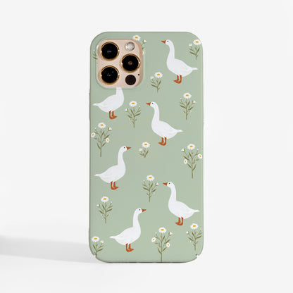 Phone case with goose and flower pattern on a green background — lightweight protection that keeps your phone safe without adding bulk