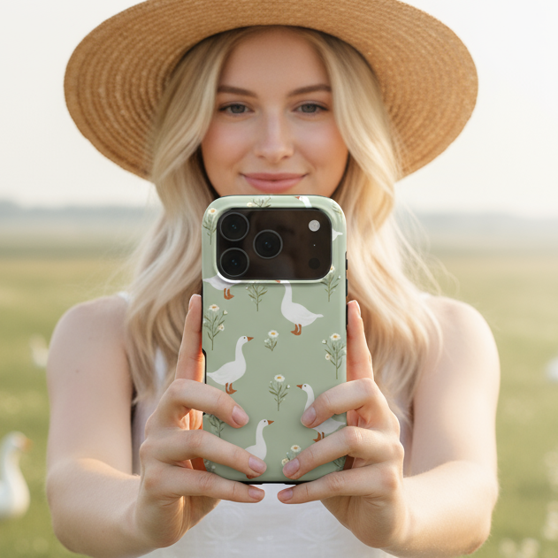 A woman holding a phone with the Green Goose Phone Case showing it in real life use-a glossy, art-inspired accessory that blends beauty and protection for everyday use