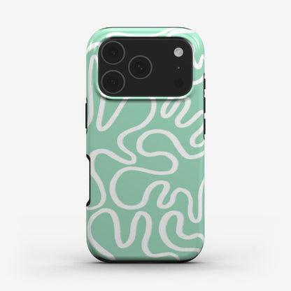 Tough phone case with white abstract lines on a mint green background 