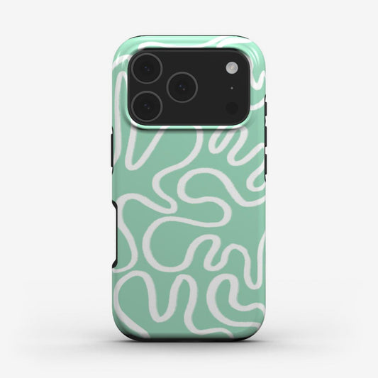 Tough phone case with white abstract lines on a mint green background 