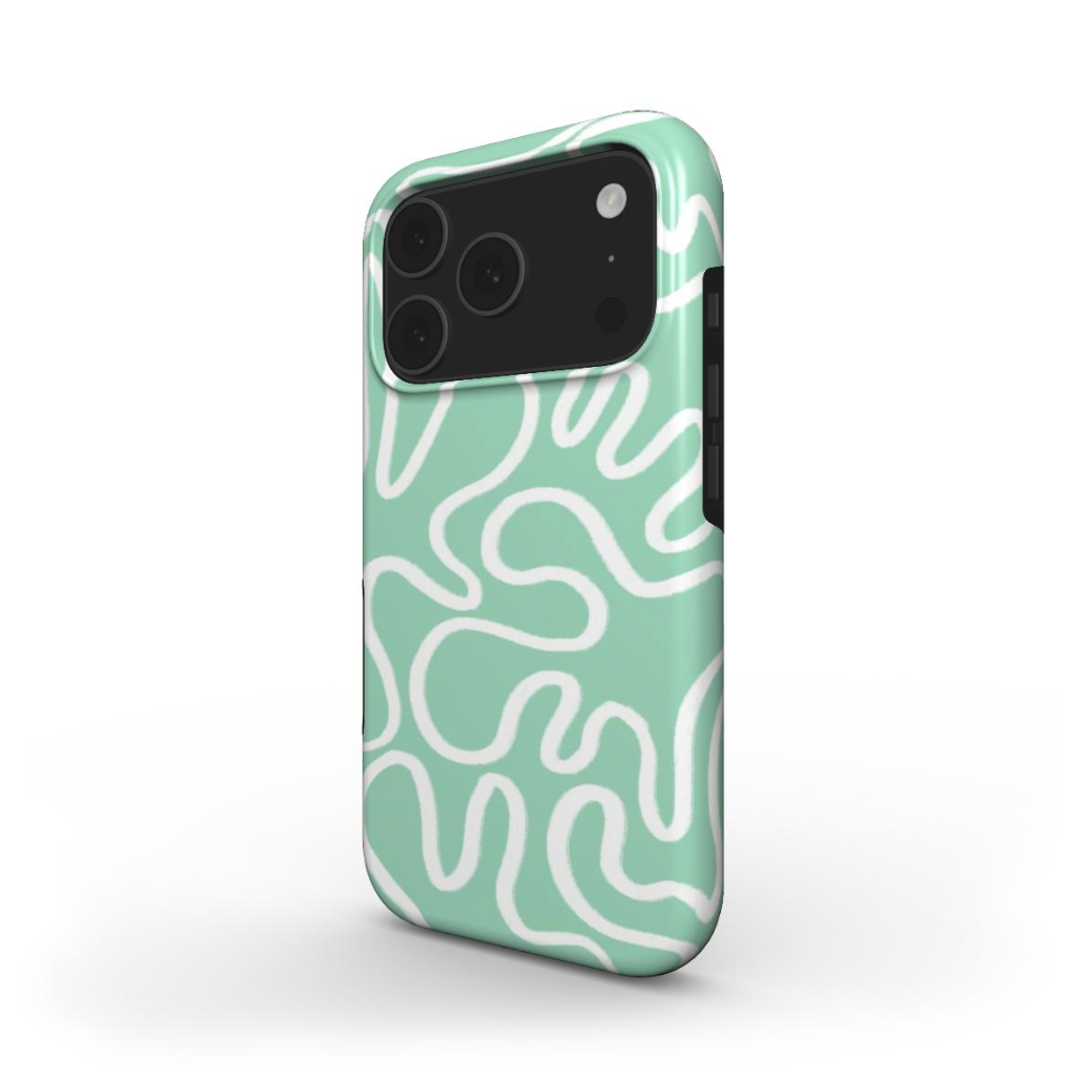 Tough phone case with  modern minimalsitic design featuring white abstract lines on a mint green background
