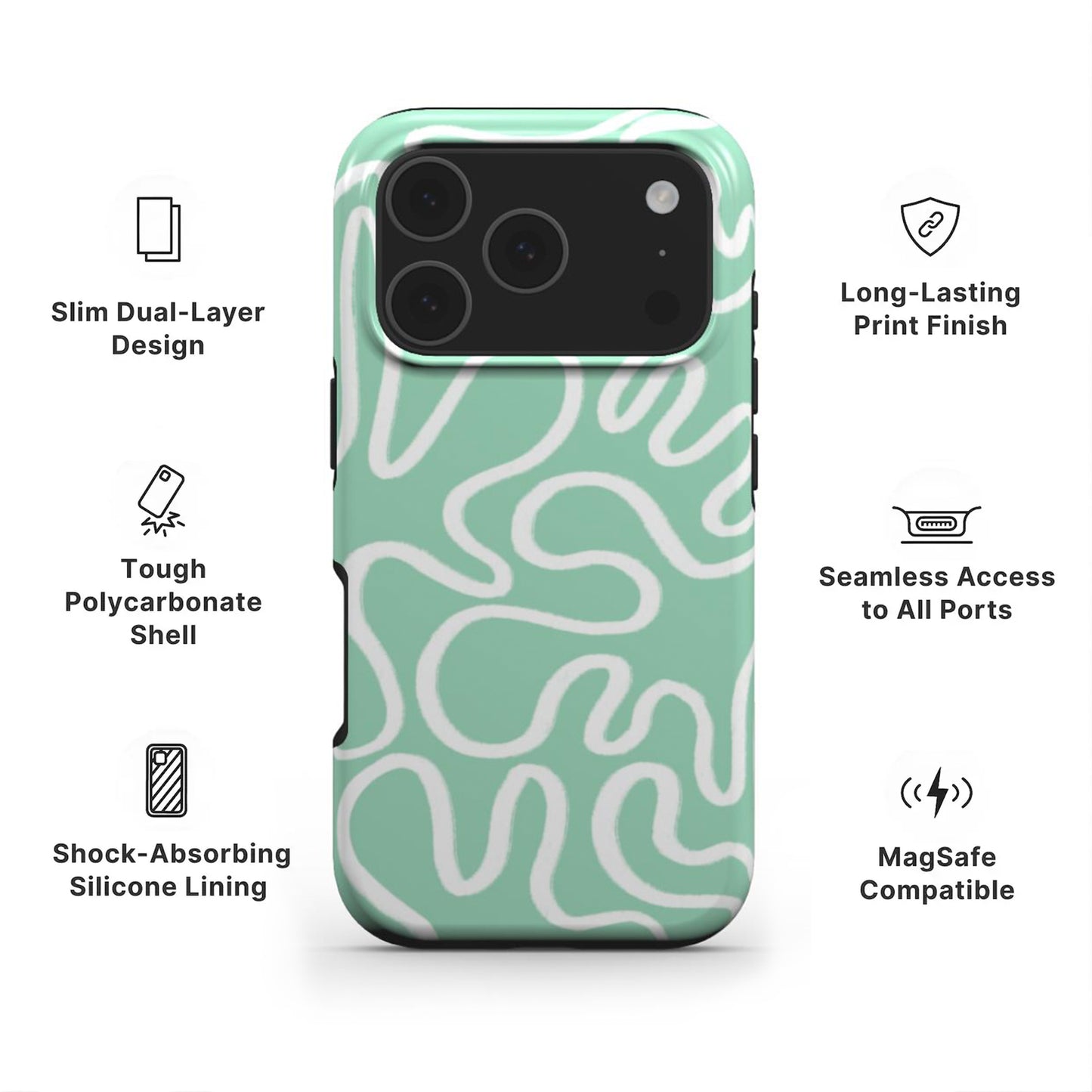 Green Abstract Line Phone Case showing features like dual layer protection, long-lasting print and easy access to all ports 