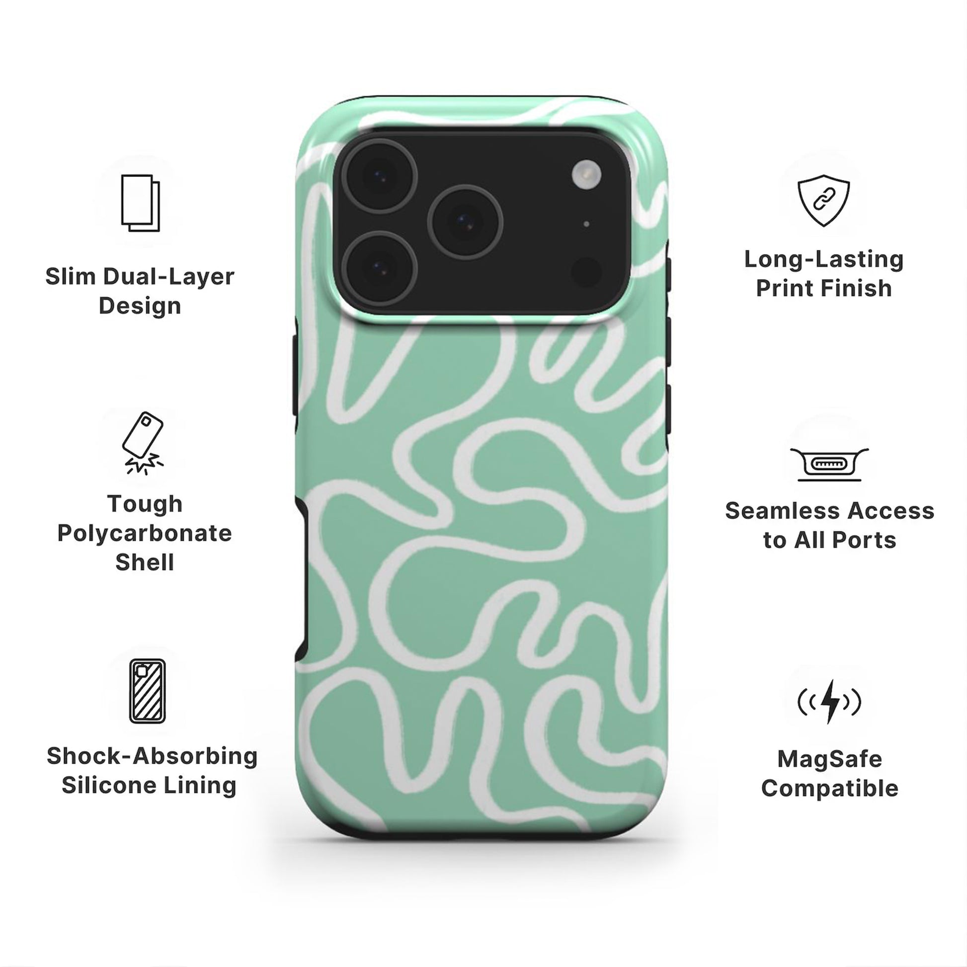 Green Abstract Line Phone Case showing features like dual layer protection, long-lasting print and easy access to all ports 