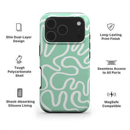 Green Abstract Line Phone Case showing features like dual layer protection, long-lasting print and easy access to all ports 