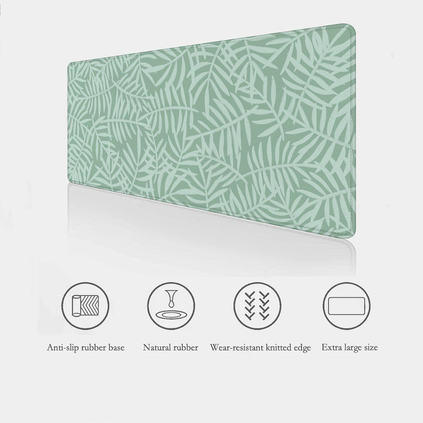 Green Botanical Desk Mat with anti-slip rubber base, sooth waterproof surface and stitched edges features