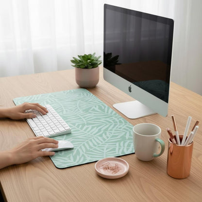 Green Botanical Desk Mat in use for a calm nature-inspired desk setup