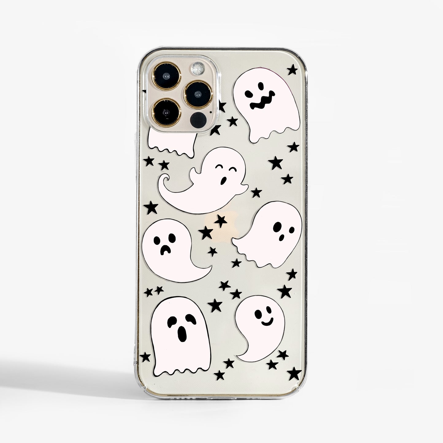 Clear phone case with playful ghosts print. A cute and protective Halloween phone case for iPhone, Samsung, and Google Pixel