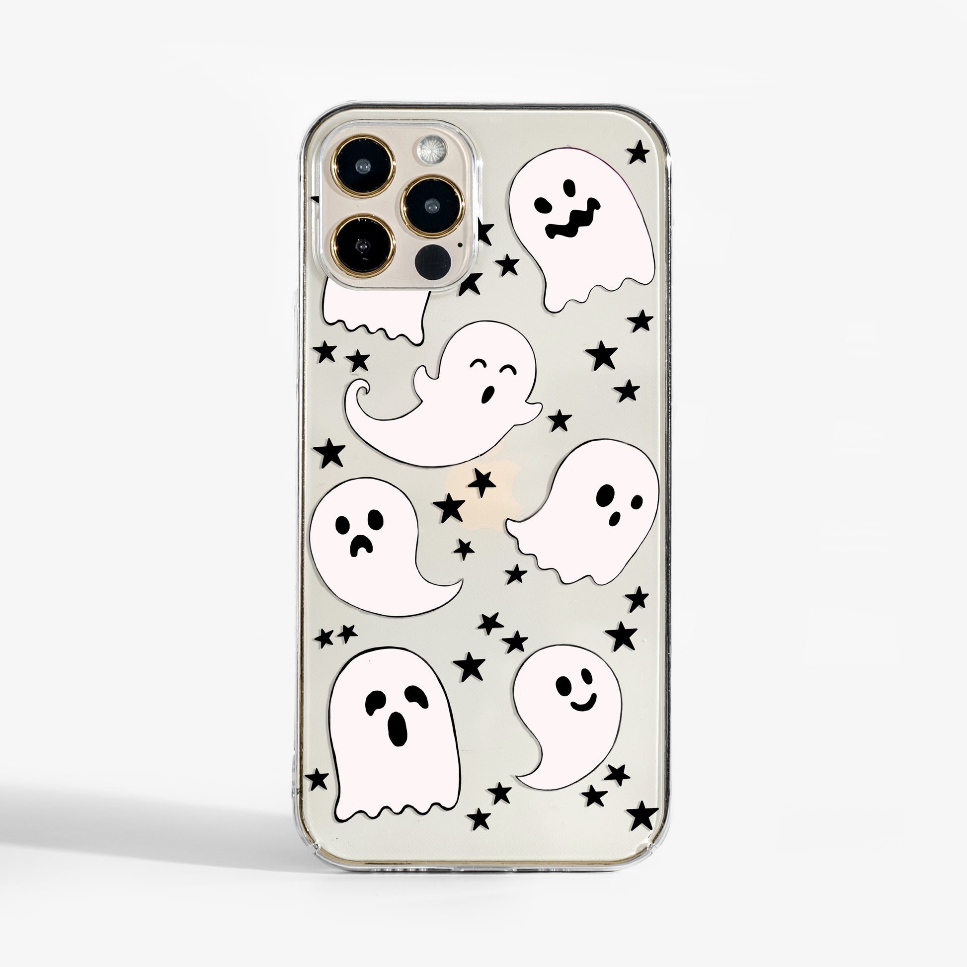 Clear phone case with playful ghosts print. A cute and protective Halloween phone case for iPhone, Samsung, and Google Pixel