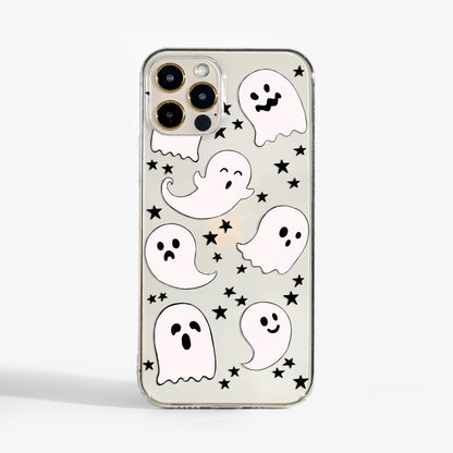 Clear phone case with playful ghosts print. A cute and protective Halloween phone case for iPhone, Samsung, and Google Pixel