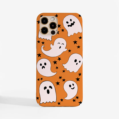 Halloween ghost phone case with cute ghosts on an orange background. A charming and  protective phone case for spooky season