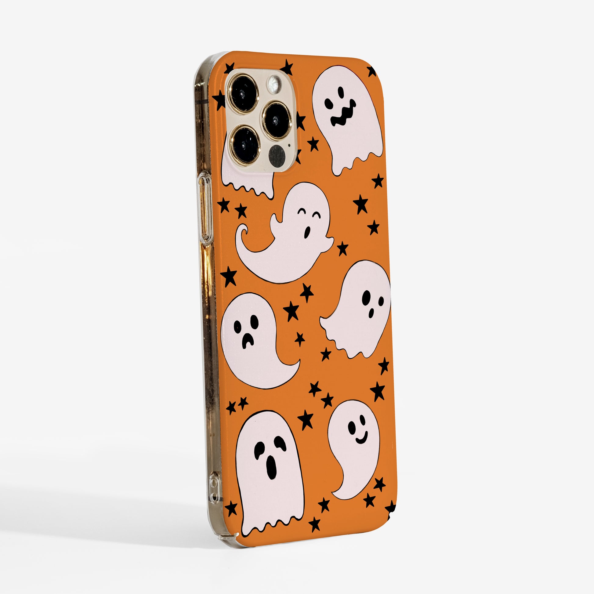 Side view of 'Halloween ghosts' phone case with cute spooky design and clear sides.