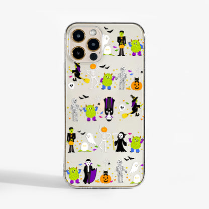 Clear 'Halloween parade' phone case with fun spooky print. Festive and protective designer phone case.