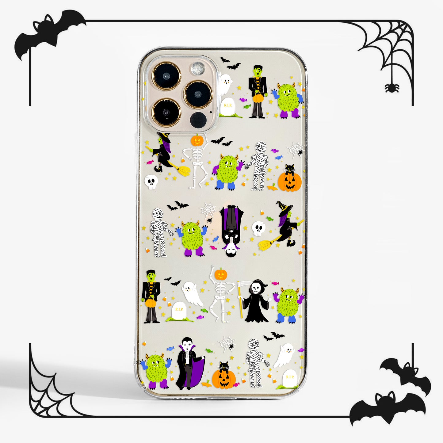 Clear Halloween parade phone case with fun spooky characters art print. A cute and protective Halloween phone case
