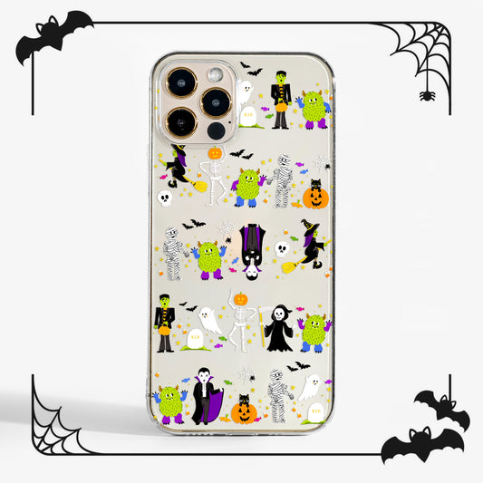 Clear Halloween parade phone case with fun spooky characters art print. A cute and protective Halloween phone case