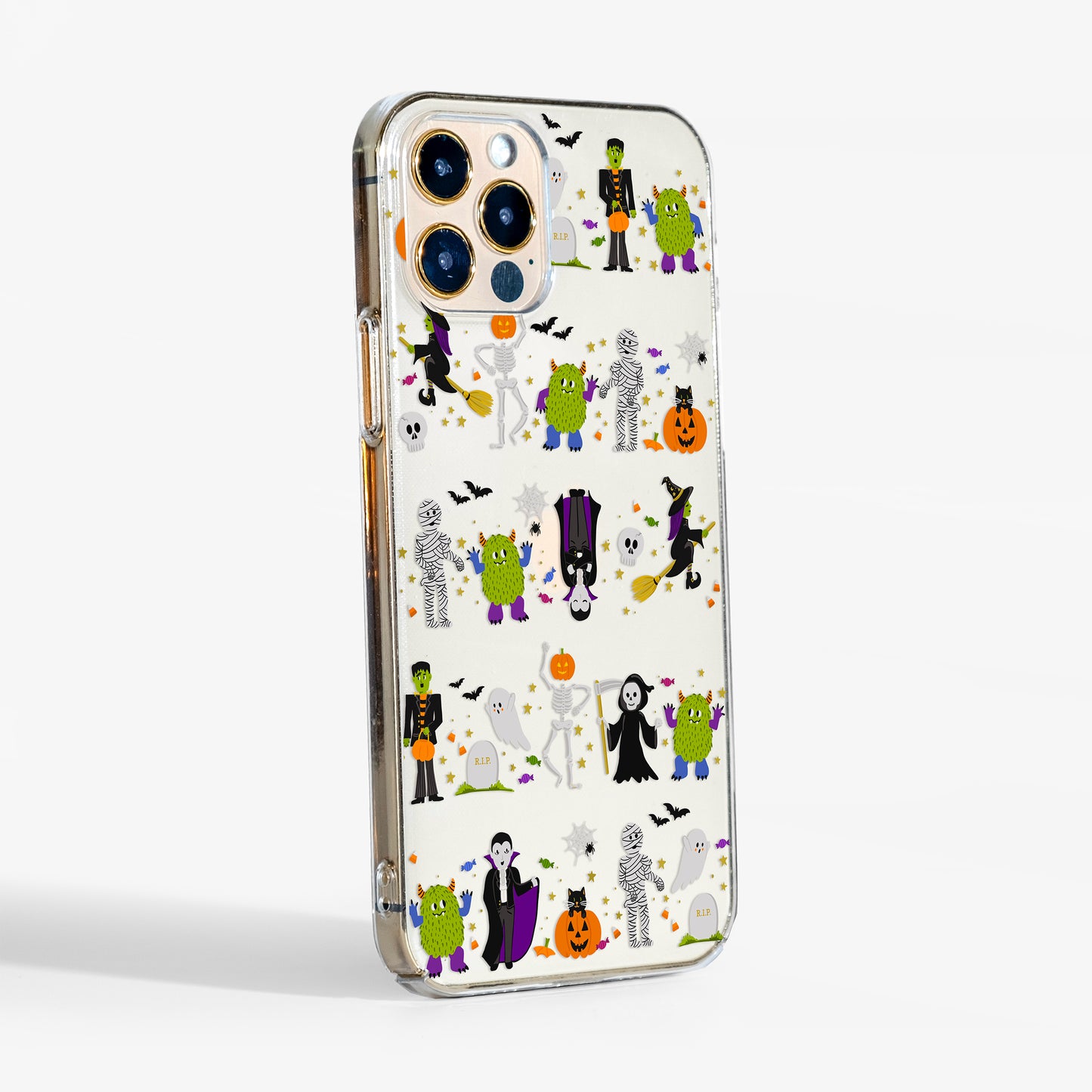 Side view showing 'Halloween parade' clear phone case with transparent sides and slim leightweight design.