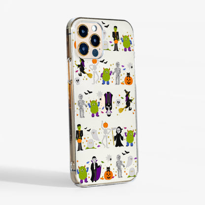 Side view showing 'Halloween parade' clear phone case with transparent sides and slim leightweight design.