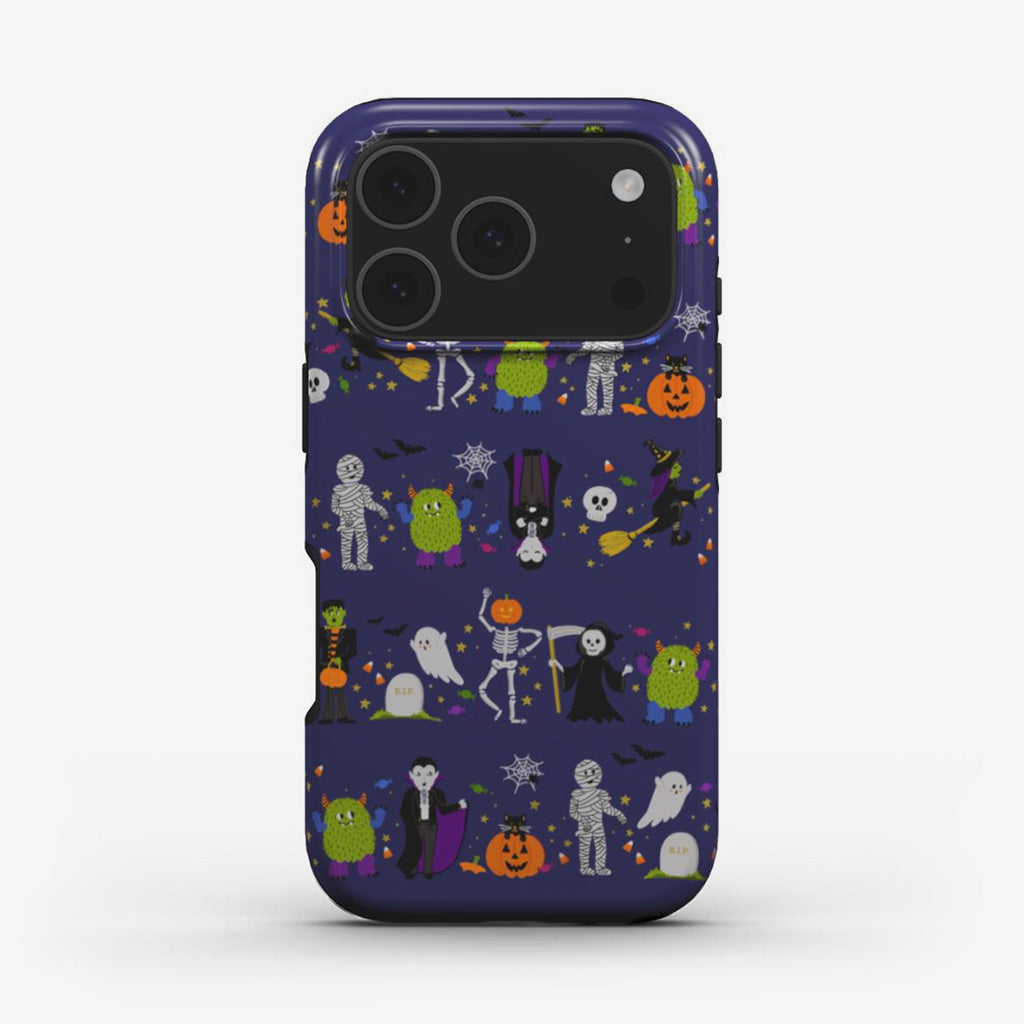 Halloween Parade phone case with cute spooky characters on a deep purple background in glossy print. A fun Halloween phone case aesthetic for iPhone, Samsung, and Google Pixel.
