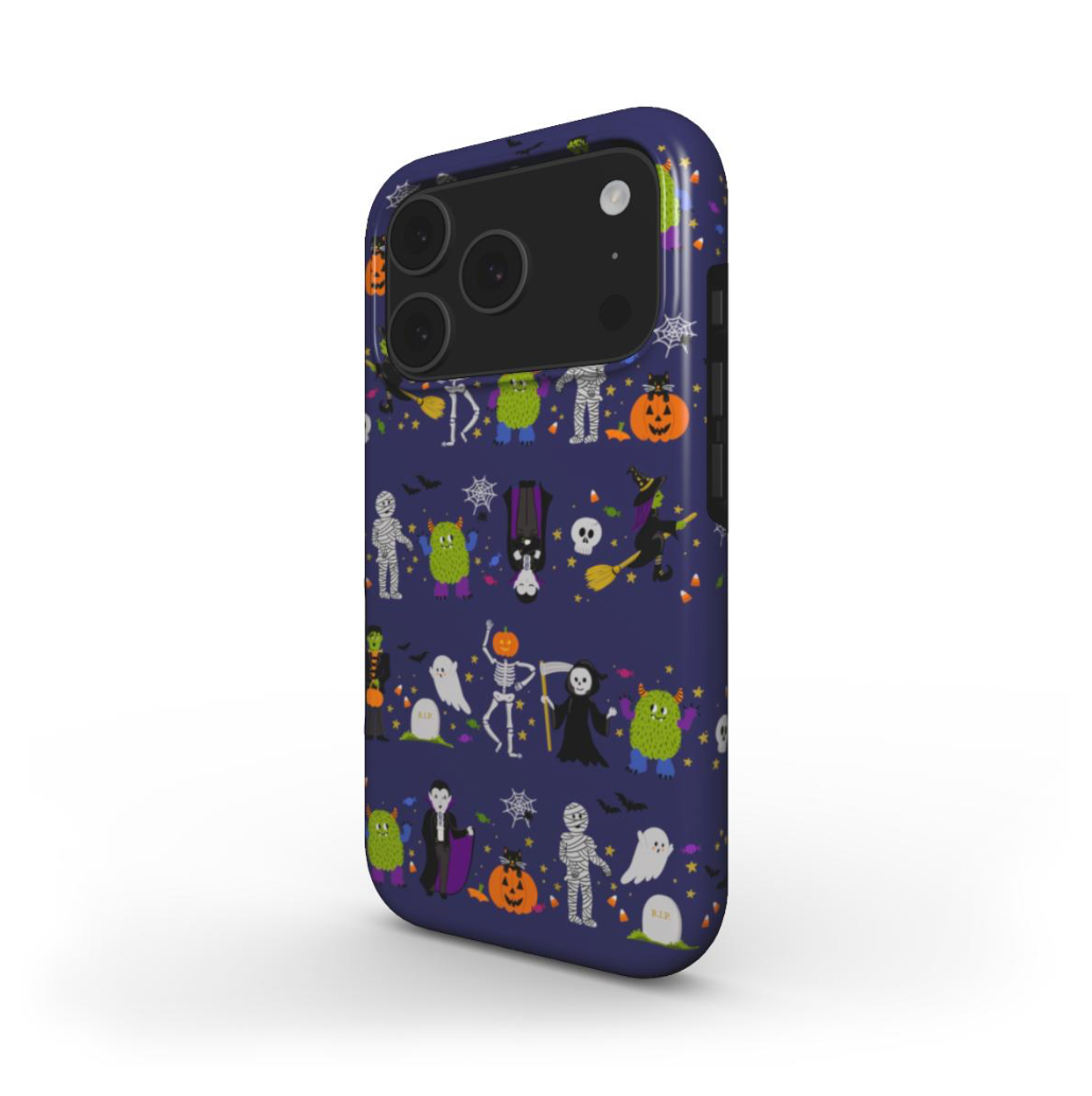 Side view of the Halloween Parade Tough Case showing glossy protective edges and full wrap around print