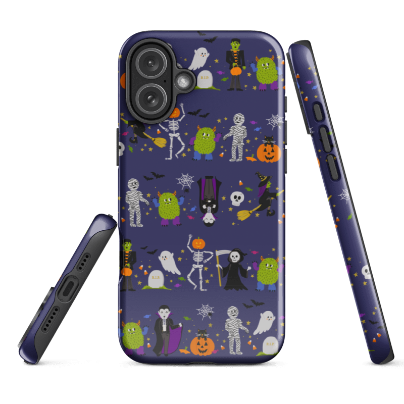an example of iPhone 16e Halloween Parade phone case showing printed sides and dual-layer protective shell. A fun Halloween phone case available for iPhone, Samsung, and Google Pixel