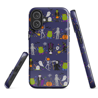 an example of iPhone 16e Halloween Parade phone case showing printed sides and dual-layer protective shell. A fun Halloween phone case available for iPhone, Samsung, and Google Pixel
