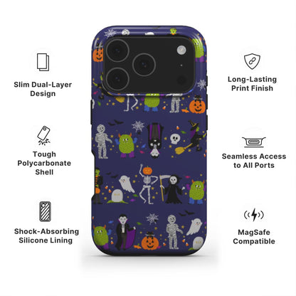 Halloween Parade Tough Phone Case showing features like dual layer protection, long-lasting print and easy access to all ports 
