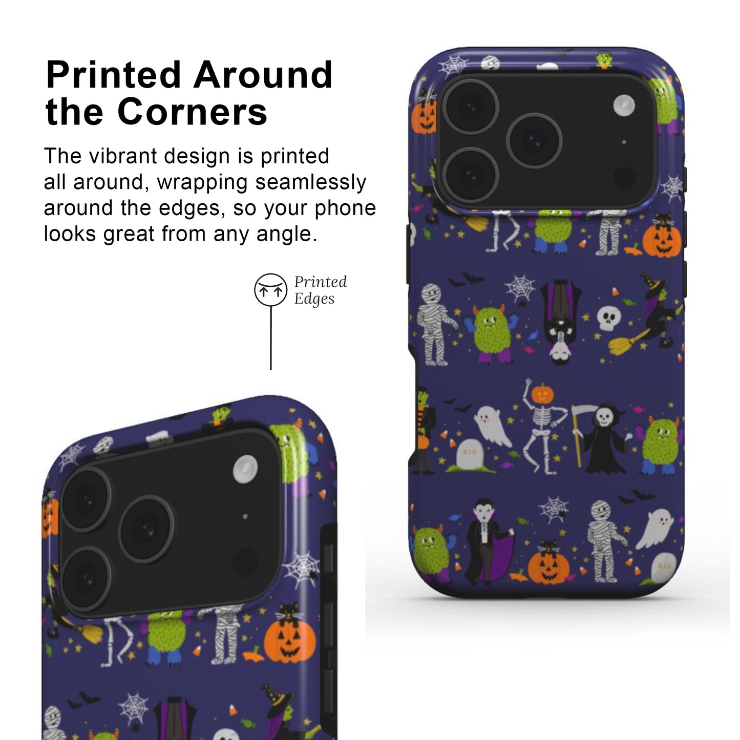 Halloween-themed phone case with colorful design  with printed edges and full wrap around deign