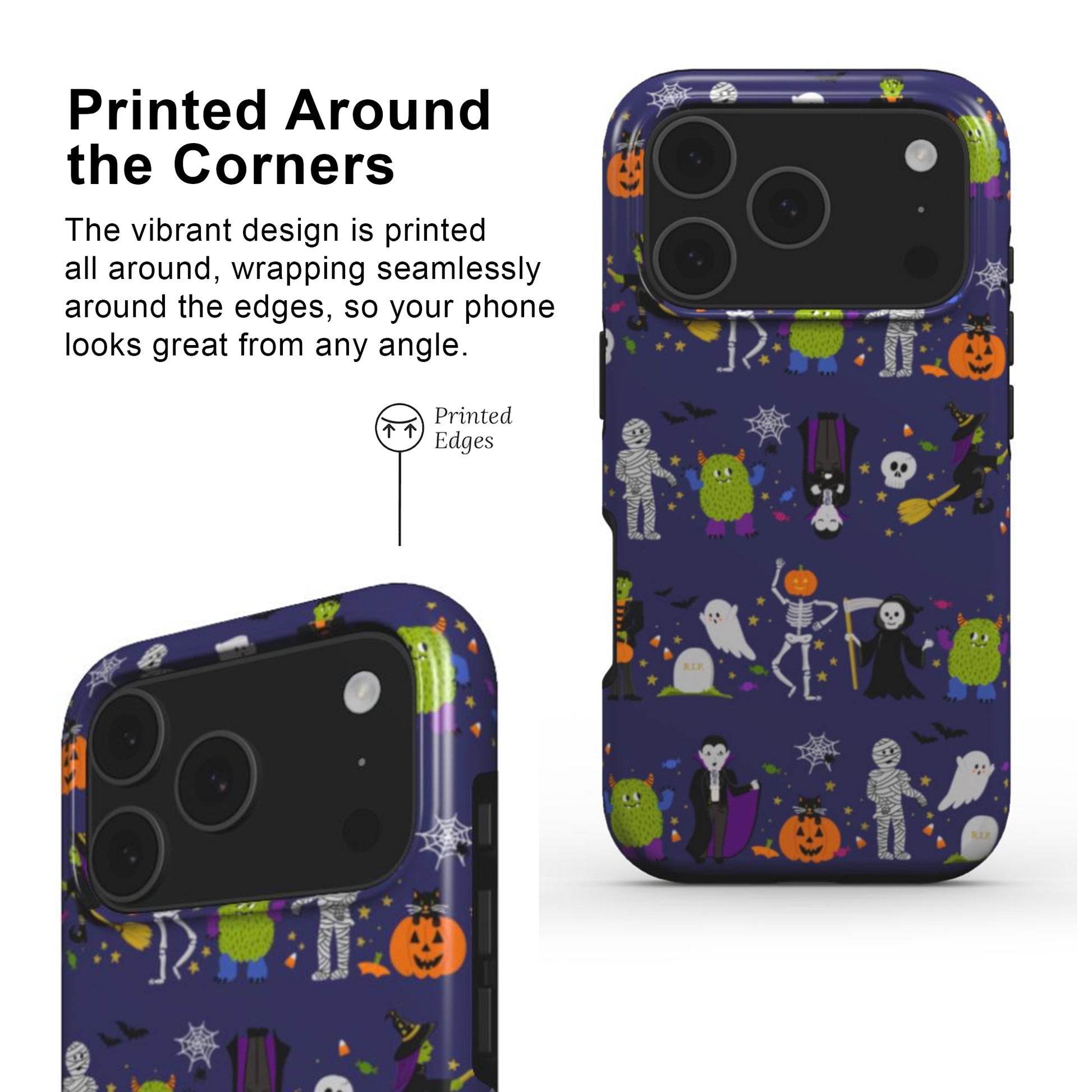 Halloween-themed phone case with colorful design  with printed edges and full wrap around deign