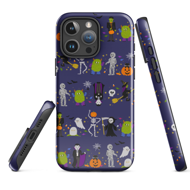 an example of iPhone 15 Halloween Parade phone case highlighting printed sides and dual-layer protective shell. A fun Halloween phone case available for iPhone, Samsung, and Google Pixel